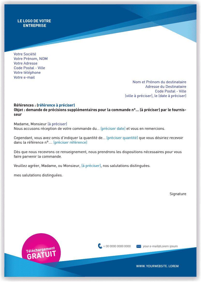 Lettre type de demande de précision pour une commande