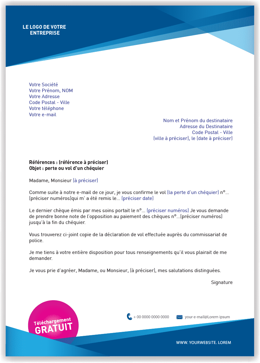 Lettre De Perte De Cheque